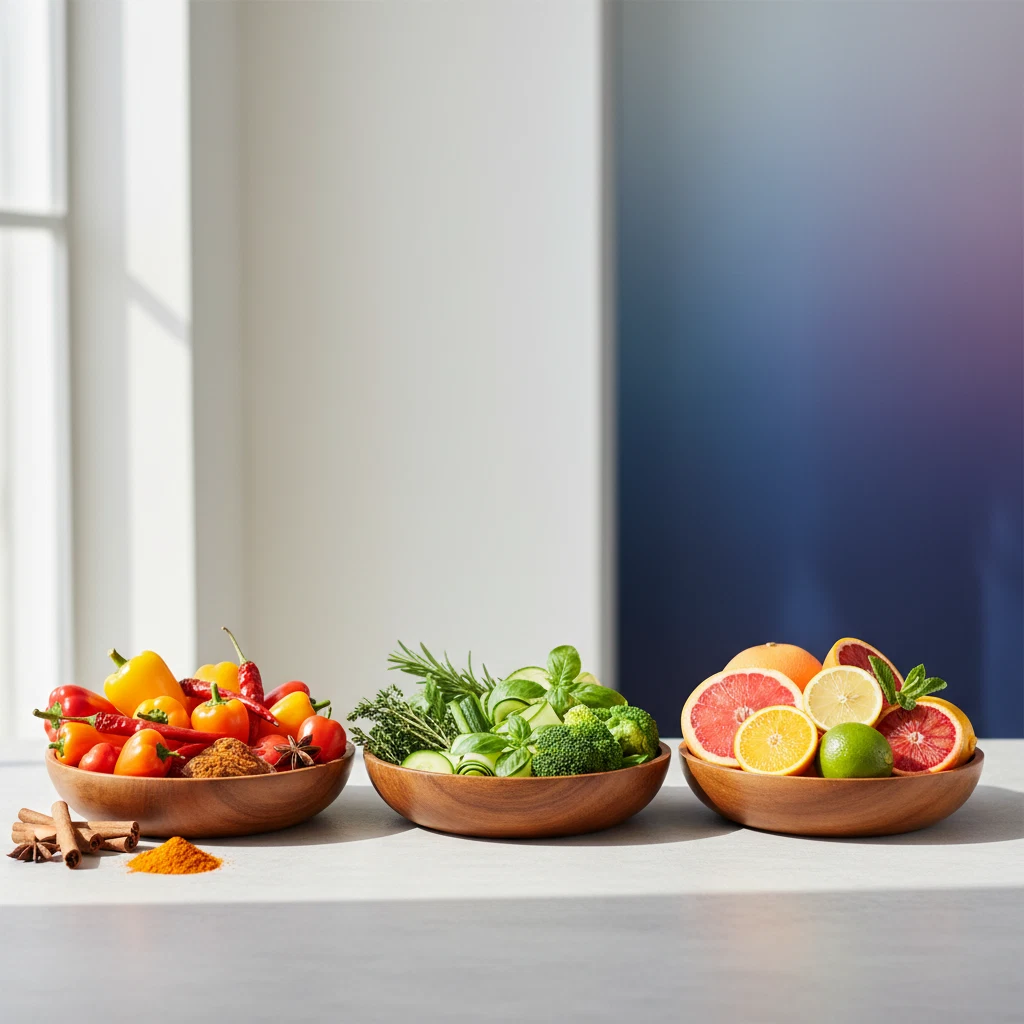 Three wooden bowls with fresh herbs, spices and citrus fruits representing natural botanical ingredients