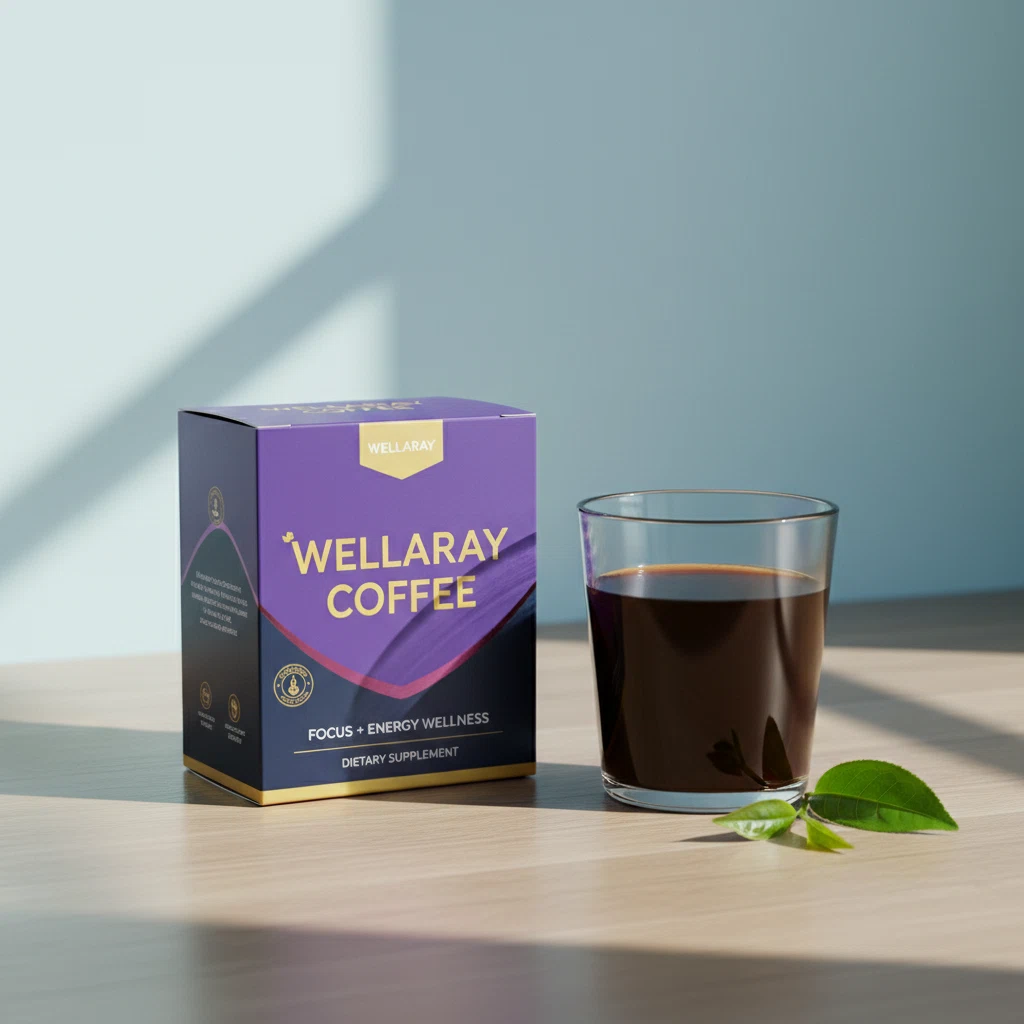 Wellaray Coffee supplement box on a wooden surface next to a glass of black coffee