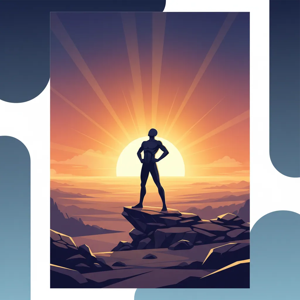 Anonymous silhouette figure standing confidently against a warm golden sunset sky